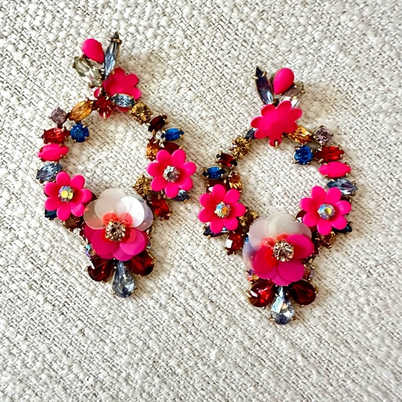 J. Crew Jewelry - J Crew Crystal Sequin Large Hoop Statement Pink /Multi Color Earrings NWT